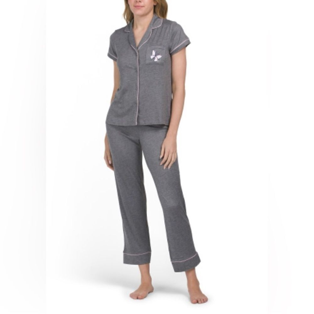 Life is Good L-XL Gray Pink Trim Notch Collar 2 pc Short Sleeve Top Pants PJ Set